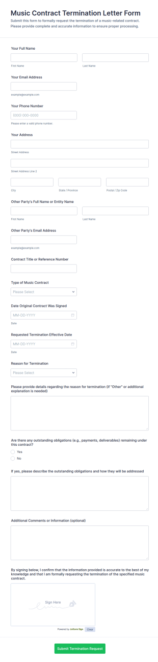 Music Contract Termination Letter Form Template