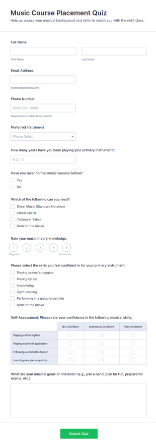 Music Course Placement Quiz Form Template