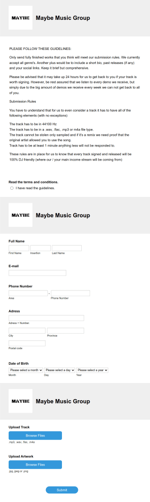 Music Demo Submission Form Template