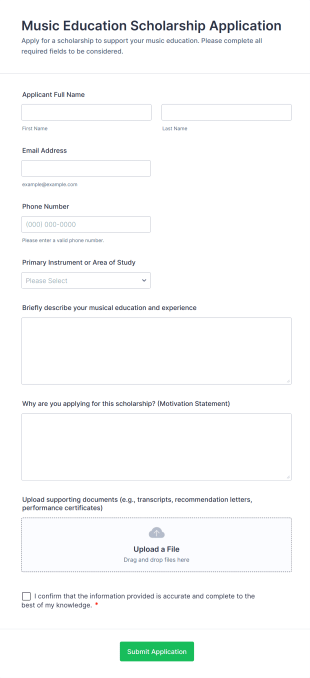 Music Education Scholarship Application Form Template