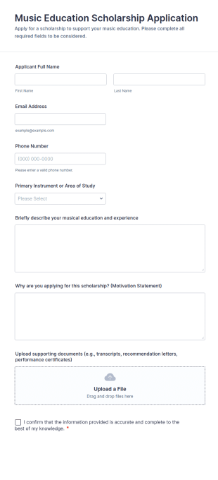 Music Education Scholarship Application Form Template