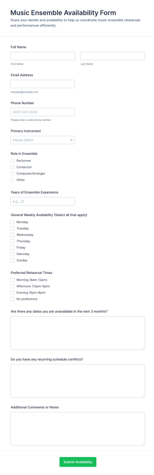 Music Ensemble Availability Form Template