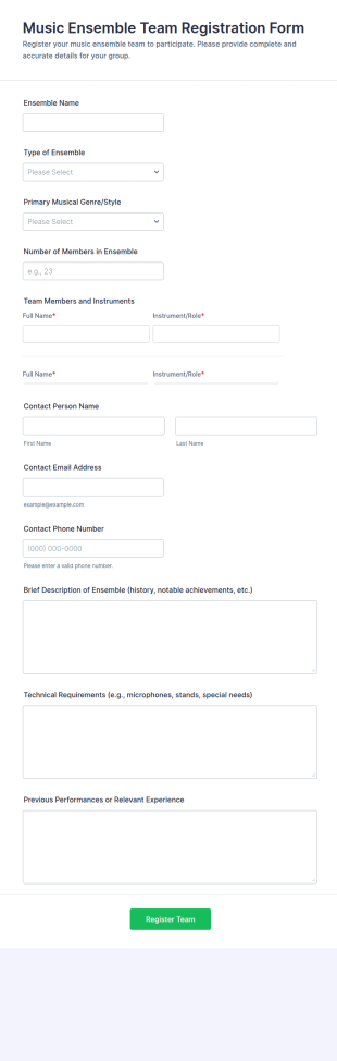 Music Ensemble Team Registration Form Template