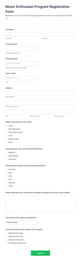 Music Enthusiast Program Registration Form Template