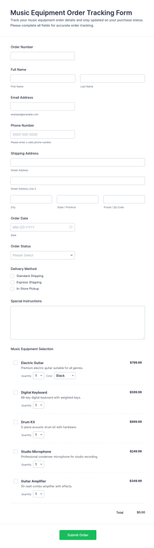 Music Equipment Order Tracking Form Template
