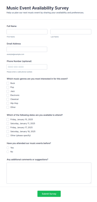 Music Event Availability Survey Form Template