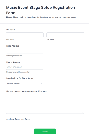 Music Event Stage Setup Registration Form Template