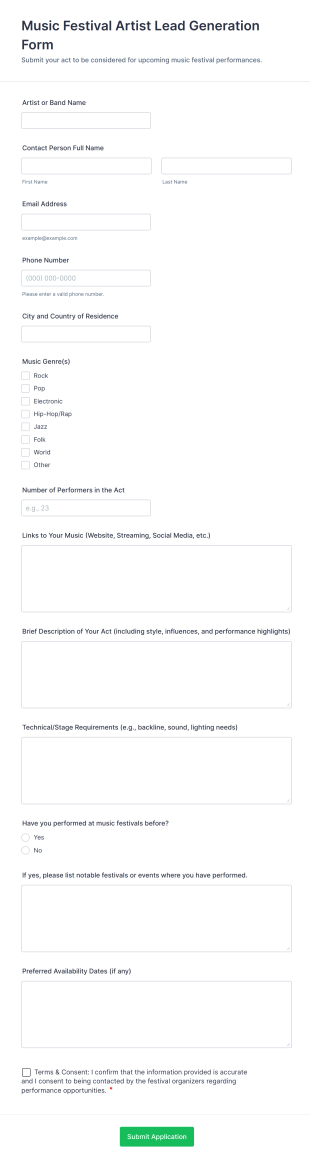 Music Festival Artist Lead Generation Form Template