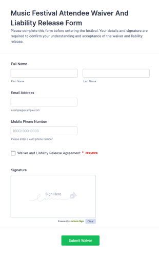 Music Festival Attendee Waiver And Liability Release Form Template