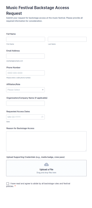 Music Festival Backstage Access Request Form Template