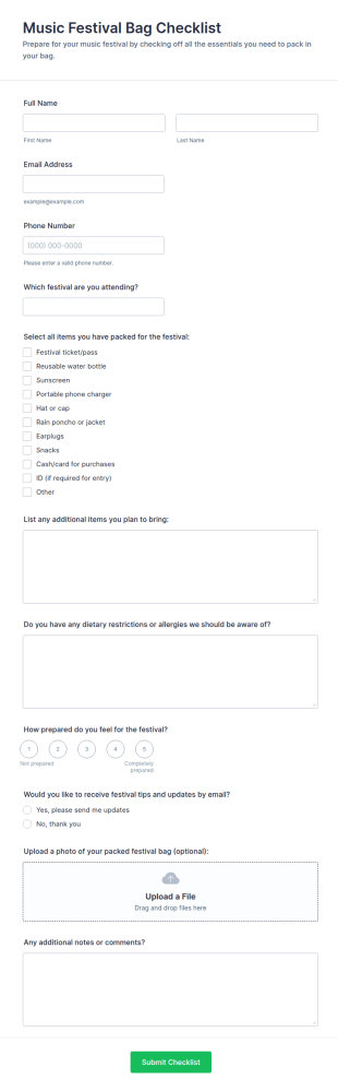 Music Festival Bag Checklist Form Template