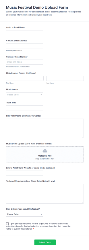 Music Festival Demo Upload Form Template