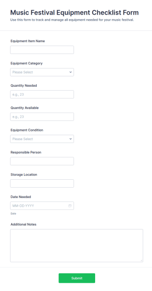 Music Festival Equipment Checklist Form Template