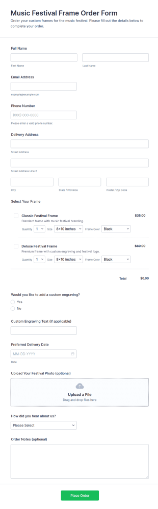 Music Festival Frame Order Form Template