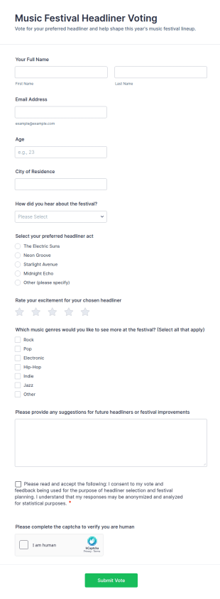 Music Festival Headliner Voting Form Template