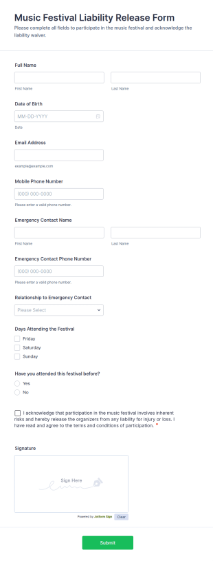Music Festival Liability Release Form Template
