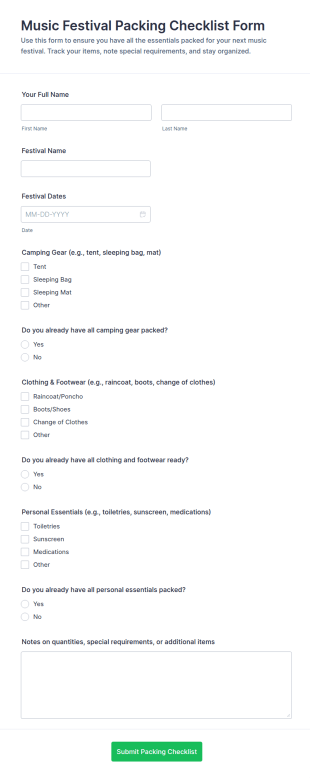 Music Festival Packing Checklist Form Template
