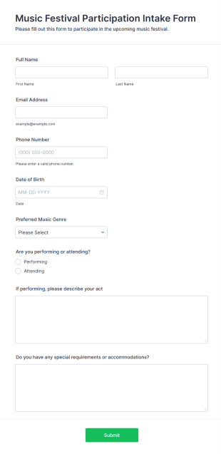 Music Festival Participation Intake Form Template