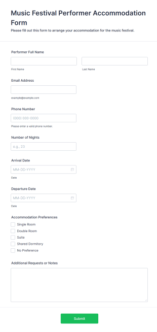 Music Festival Performer Accommodation Form Template