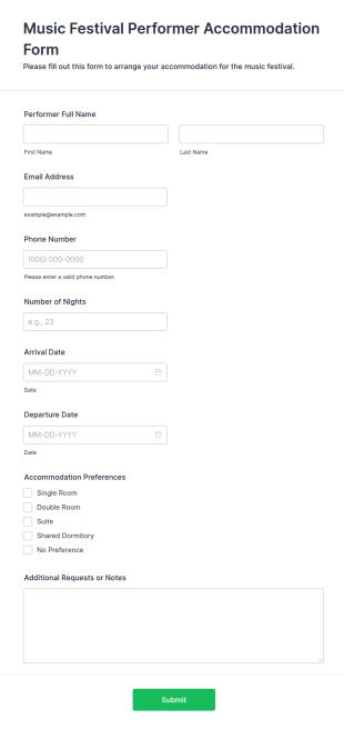 Music Festival Performer Accommodation Form Template