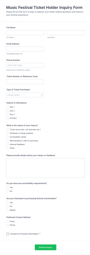 Music Festival Ticket Holder Inquiry Form Template