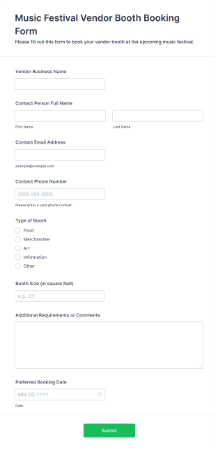 Music Festival Vendor Booth Booking Form Template