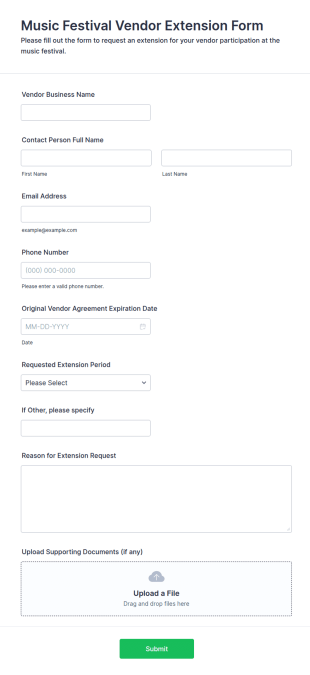 Music Festival Vendor Extension Form Template