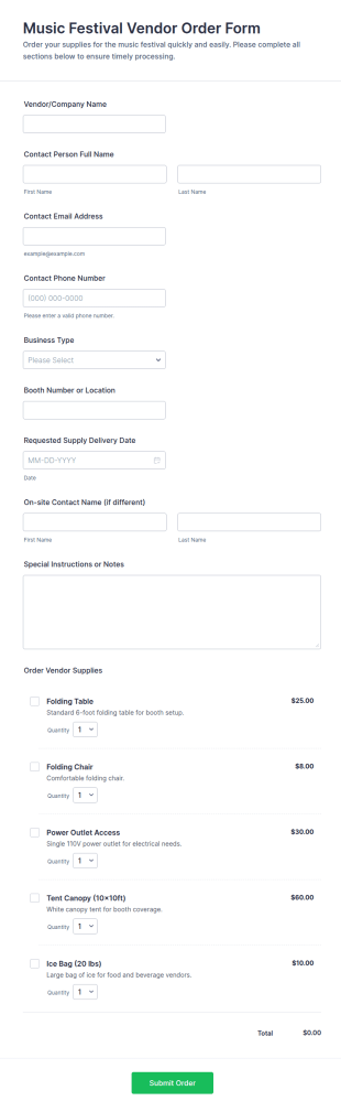 Music Festival Vendor Order Form Template