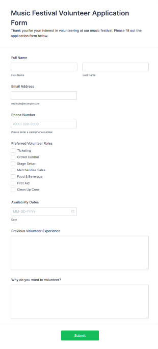 Music Festival Volunteer Application Form Form Template