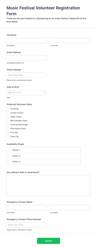 Music Festival Volunteer Registration Form Template