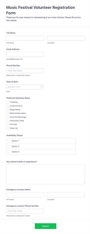 Music Festival Volunteer Registration Form Template