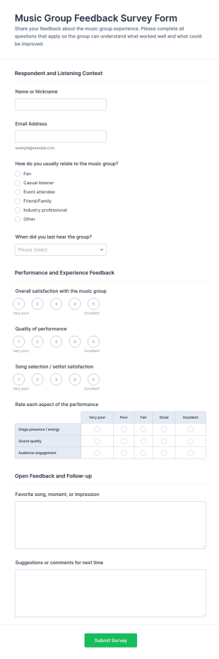 Music Group Feedback Survey Form Template
