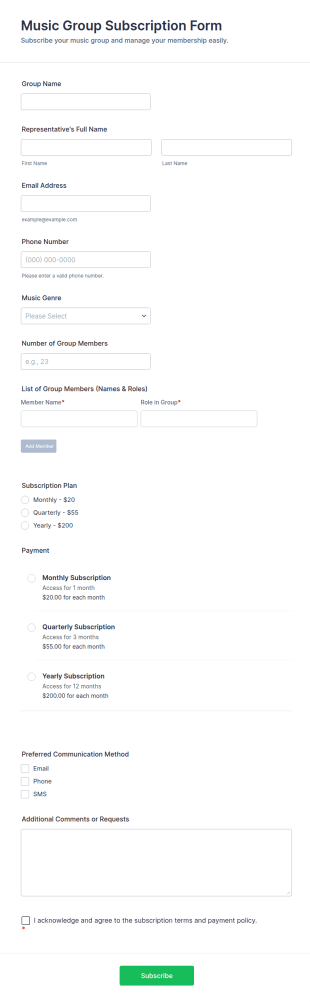 Music Group Subscription Form Template