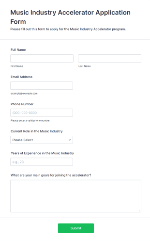 Music Industry Accelerator Application Form Form Template