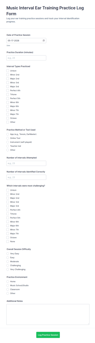 Music Interval Ear Training Practice Log Form Template