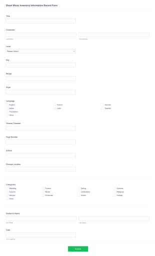 Music Inventory Information Record Form Template