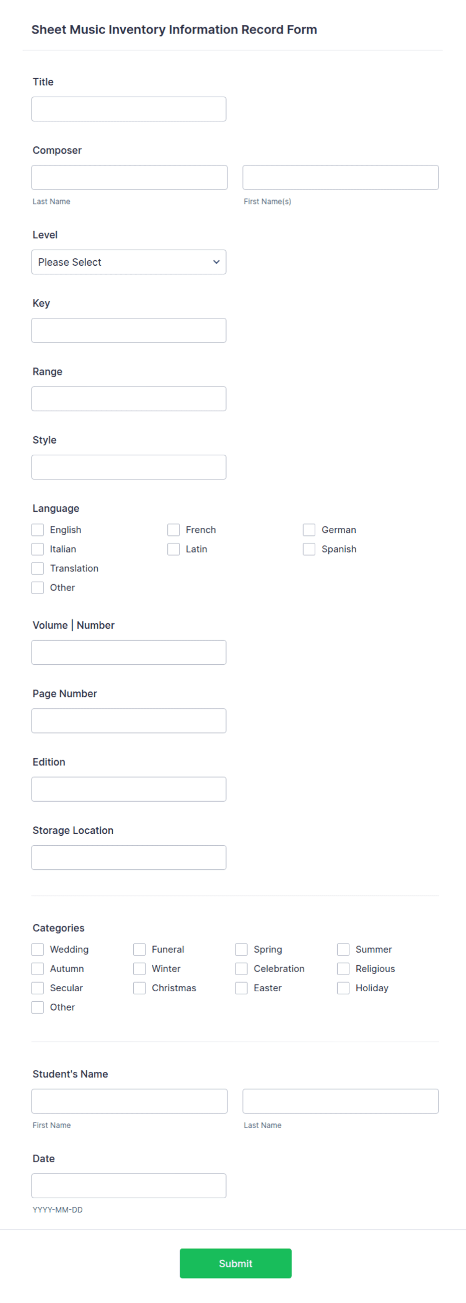 Music Inventory Sheet.pdf Music Inventory Information Record Form Template | Jotform