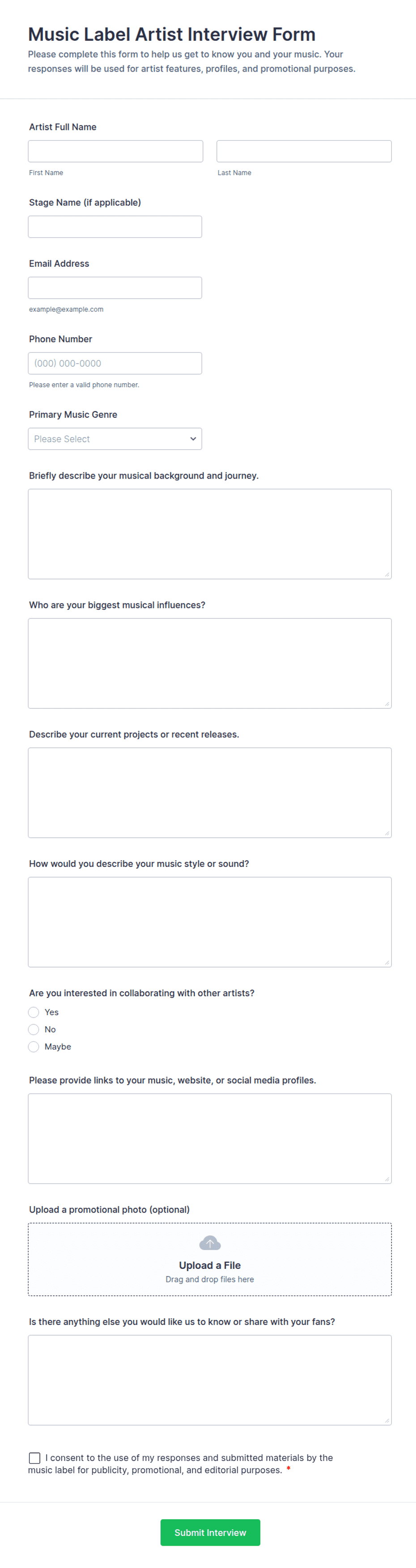 Interview File Cover Labelling Music Label Artist Interview Form Template | Jotform
