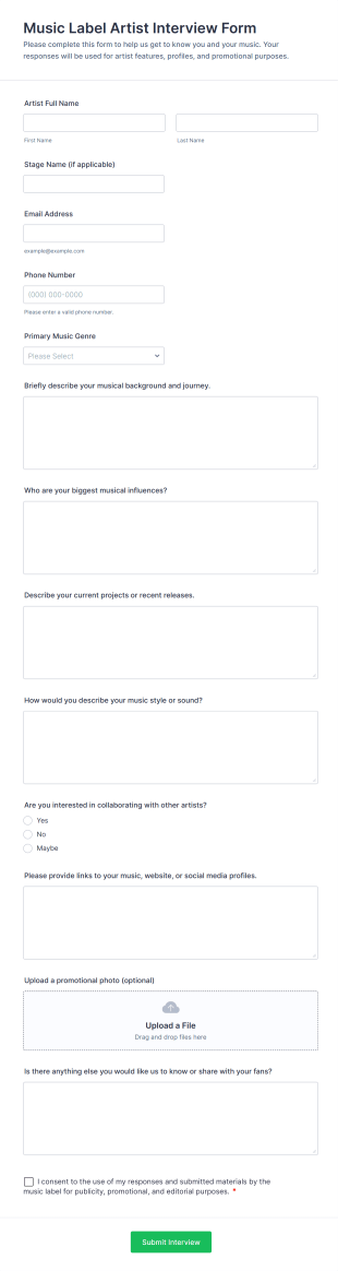 Music Label Artist Interview Form Template