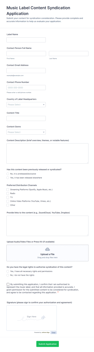Music Label Content Syndication Application Form Template