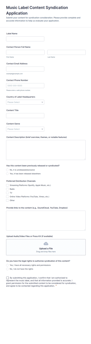 Music Label Content Syndication Application Form Template