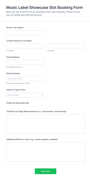Music Label Showcase Slot Booking Form Template