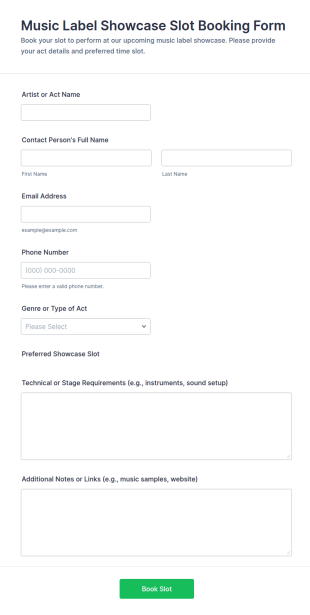Music Label Showcase Slot Booking Form Template