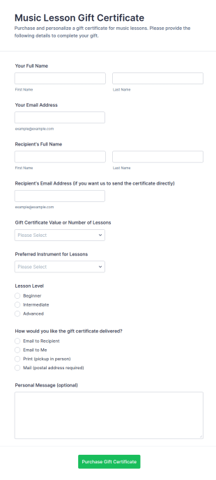 Music Lesson Gift Certificate Request Form Template