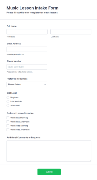 Music Lesson Intake Form Template