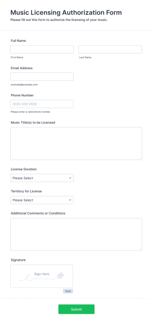 Music Licensing Authorization Form Form Template