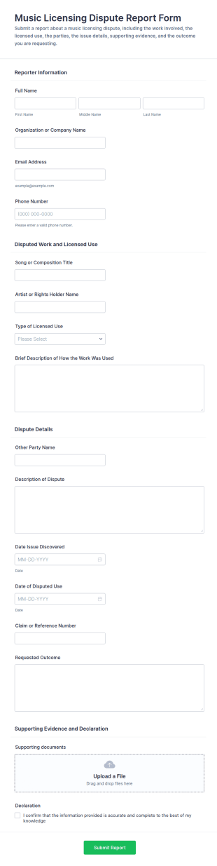 Music Licensing Dispute Report Form Template