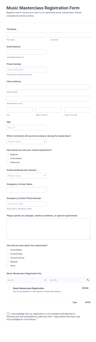 Music Masterclass Registration Form Template