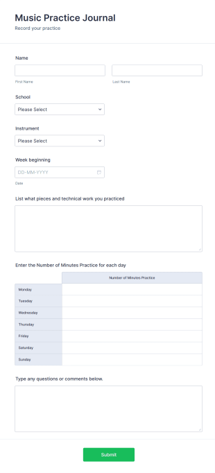 Student Weekly Music Practice Record Form Template