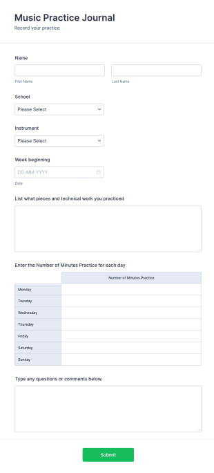 Student Weekly Music Practice Record Form Template